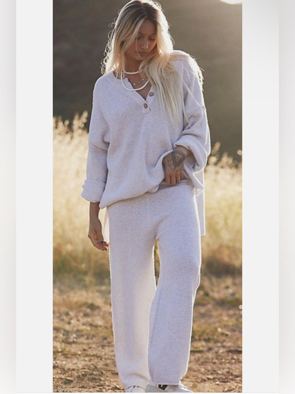 Free People Hailee Knit Cream Tan Waffle Knit Henley Sweater Set M - Picture 8 of 16